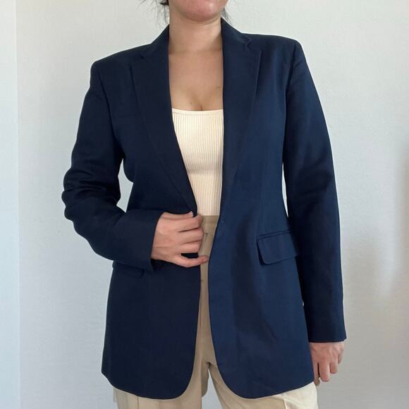 Lauren Ralph Lauren Navy Cotton Silk Blazer Size 4 Classic One Button Silk blend - Picture 5 of 14